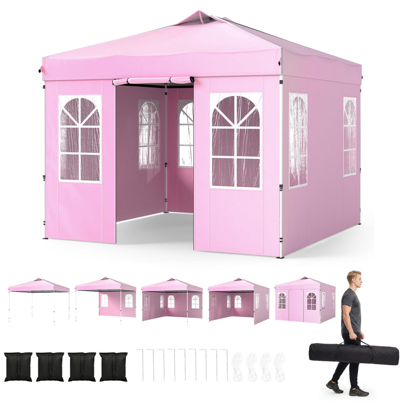 Costway - 10 x 10 FT Pop Up Canopy Tent with 4 Sidewalls and Adjustable Height Waterproof-Pink