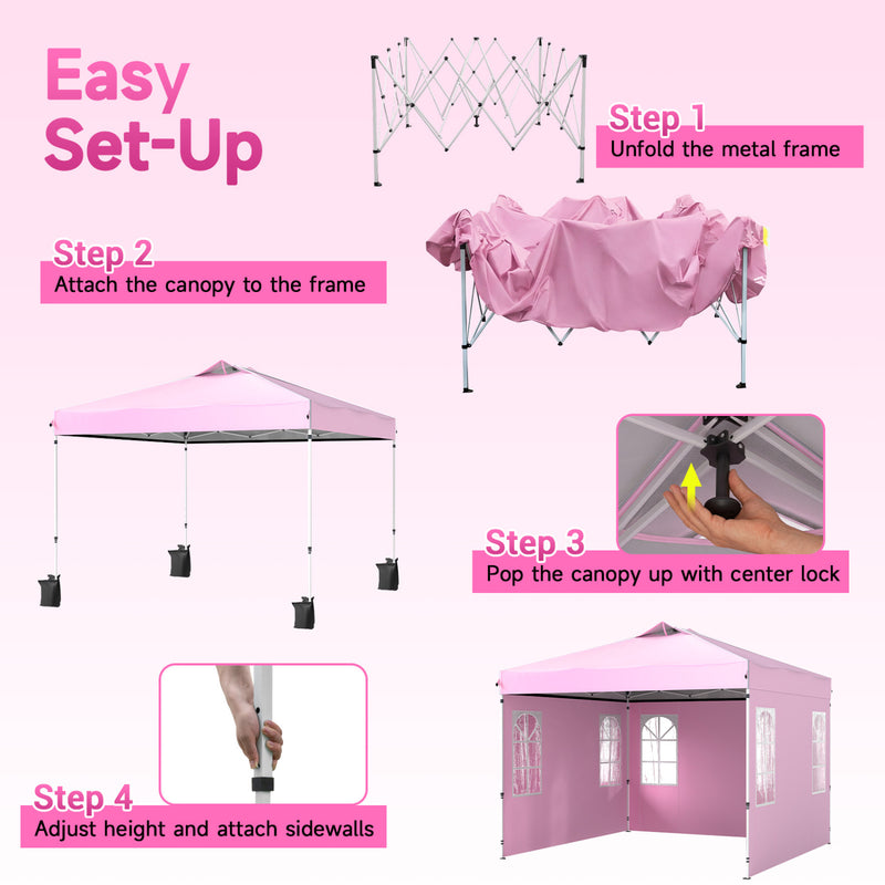 Costway - 10 x 10 FT Pop Up Canopy Tent with 4 Sidewalls and Adjustable Height Waterproof-Pink