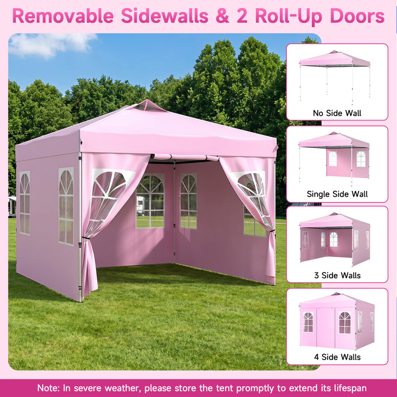 Costway - 10 x 10 FT Pop Up Canopy Tent with 4 Sidewalls and Adjustable Height Waterproof-Pink