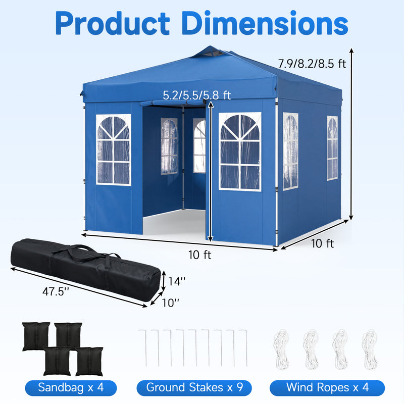 Costway - 10 x 10 FT Pop Up Canopy Tent with 4 Sidewalls and Adjustable Height Waterproof-Blue