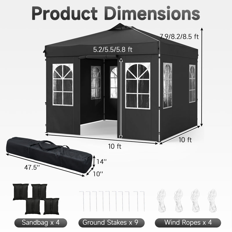 Costway - 10 x 10 FT Pop Up Canopy Tent with 4 Sidewalls and Adjustable Height Waterproof-Black