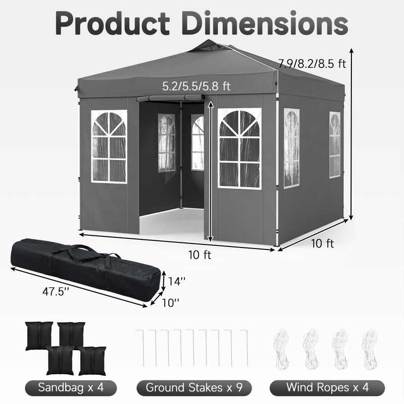 Costway - 10 x 10 FT Pop Up Canopy Tent with 4 Sidewalls and Adjustable Height Waterproof-Gray