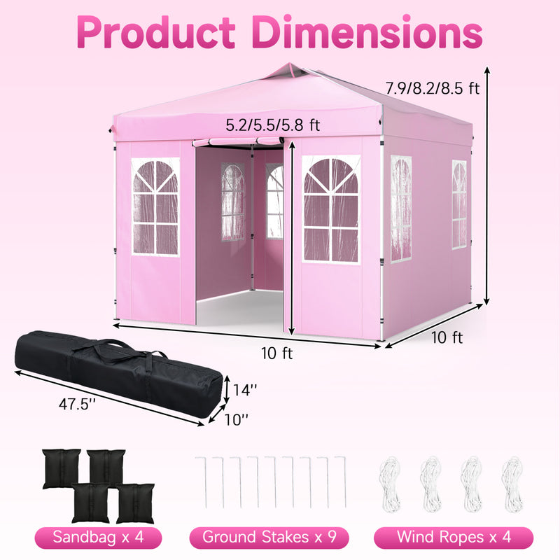 Costway - 10 x 10 FT Pop Up Canopy Tent with 4 Sidewalls and Adjustable Height Waterproof-Pink
