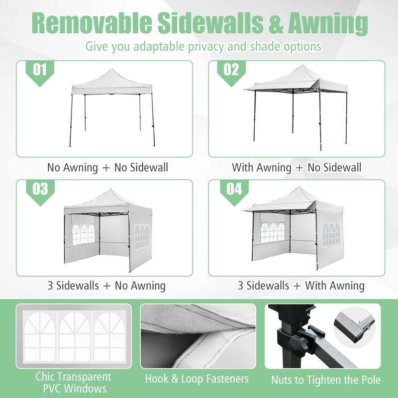 Costway - 10 x 10 FT Pop up Canopy Tent with Sidewalls and Awning for Party Picnic Event-White