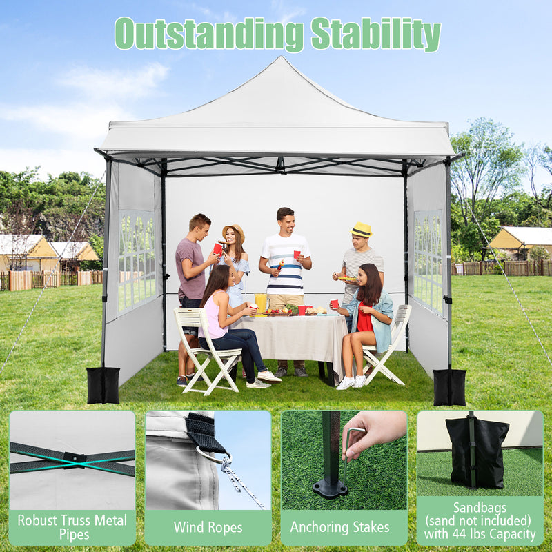 Costway - 10 x 10 FT Pop up Canopy Tent with Sidewalls and Awning for Party Picnic Event-White
