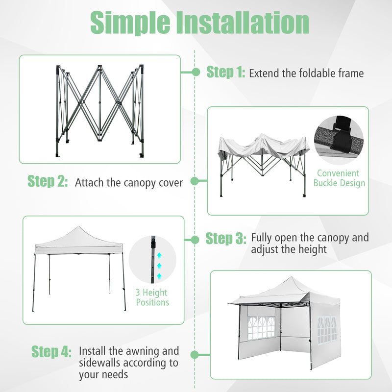 Costway - 10 x 10 FT Pop up Canopy Tent with Sidewalls and Awning for Party Picnic Event-White