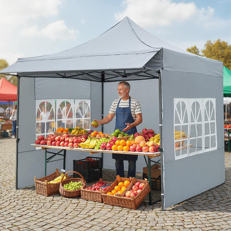 Costway - 10 x 10 FT Pop up Canopy Tent with Sidewalls and Awning for Party Picnic Event-Gray