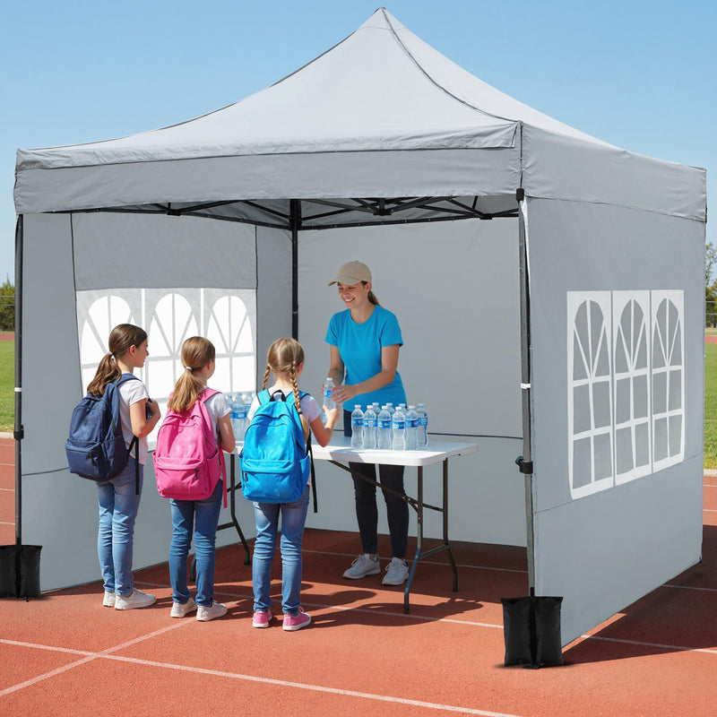 Costway - 10 x 10 FT Pop up Canopy Tent with Sidewalls and Awning for Party Picnic Event-Gray