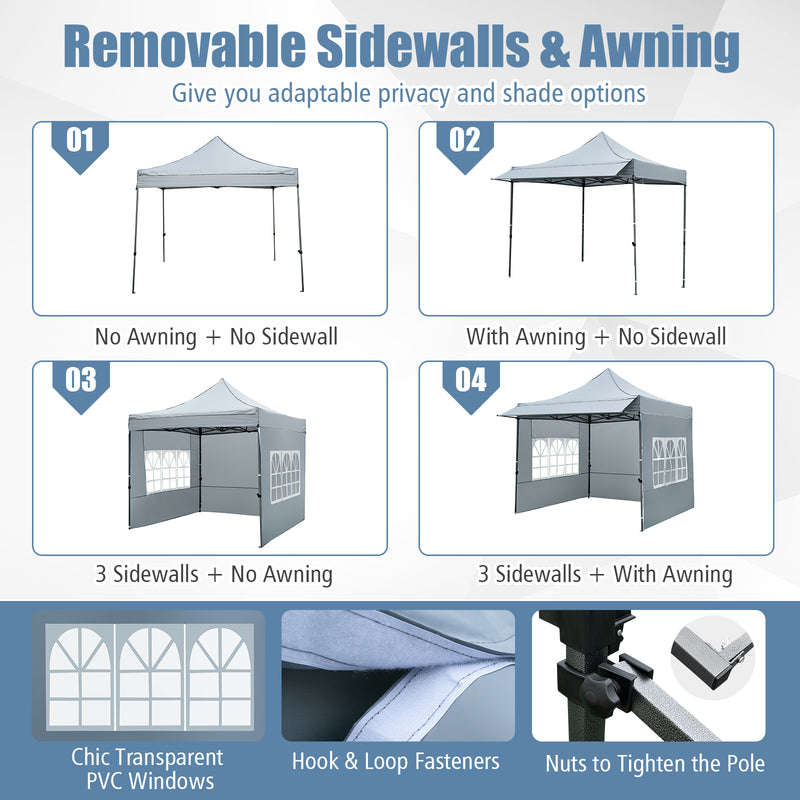 Costway - 10 x 10 FT Pop up Canopy Tent with Sidewalls and Awning for Party Picnic Event-Gray