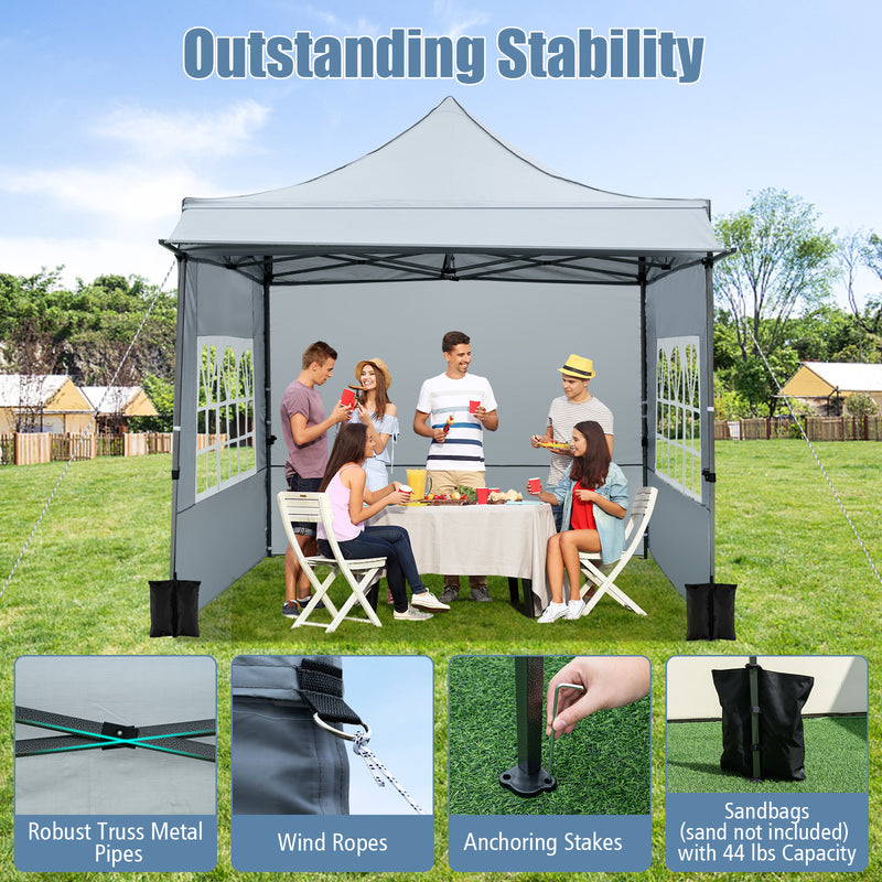 Costway - 10 x 10 FT Pop up Canopy Tent with Sidewalls and Awning for Party Picnic Event-Gray
