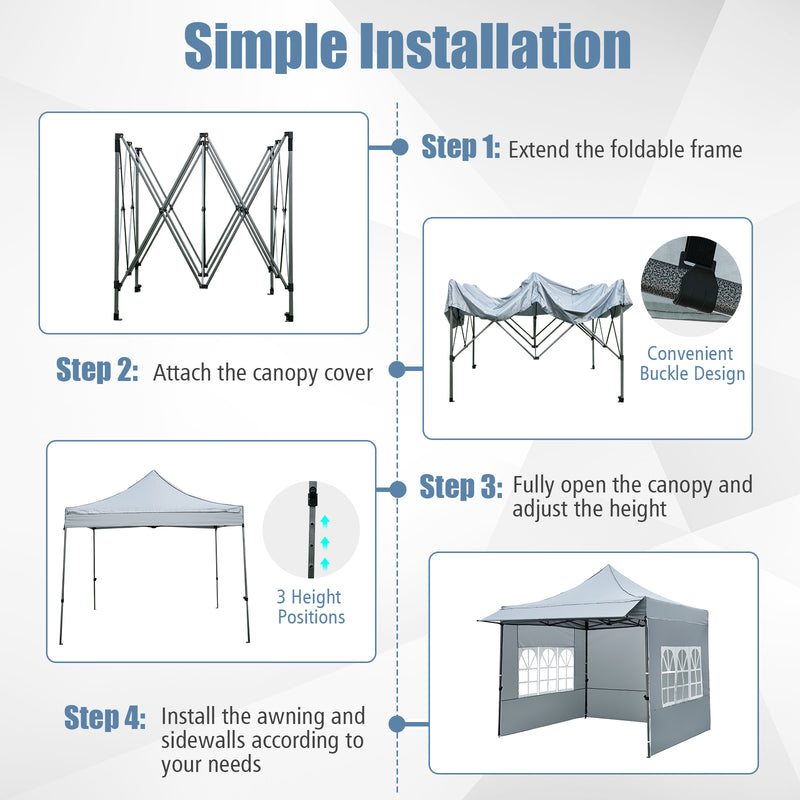 Costway - 10 x 10 FT Pop up Canopy Tent with Sidewalls and Awning for Party Picnic Event-Gray