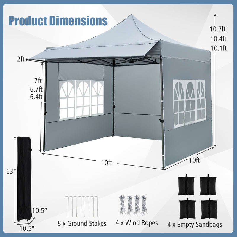 Costway - 10 x 10 FT Pop up Canopy Tent with Sidewalls and Awning for Party Picnic Event-Gray