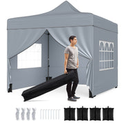 Costway - 10 x 10 FT Pop up Canopy Tent with 4 Removable Sidewalls and Wheeled Bag-Gray