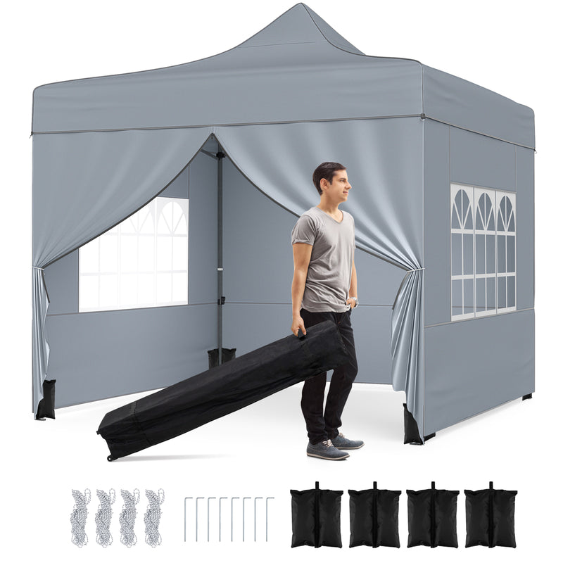 Costway - 10 x 10 FT Pop up Canopy Tent with 4 Removable Sidewalls and Wheeled Bag-Gray
