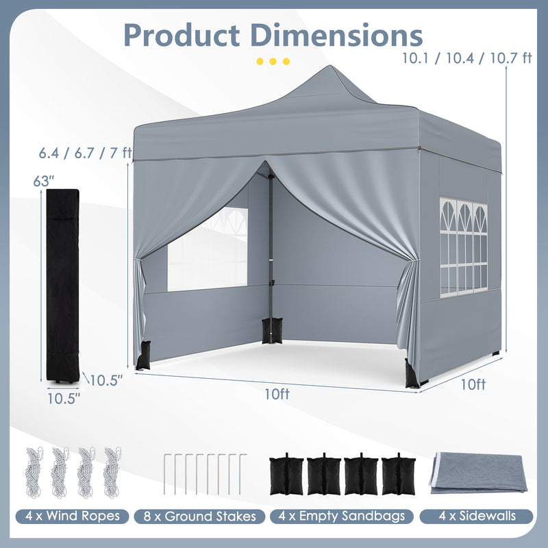 Costway - 10 x 10 FT Pop up Canopy Tent with 4 Removable Sidewalls and Wheeled Bag-Gray