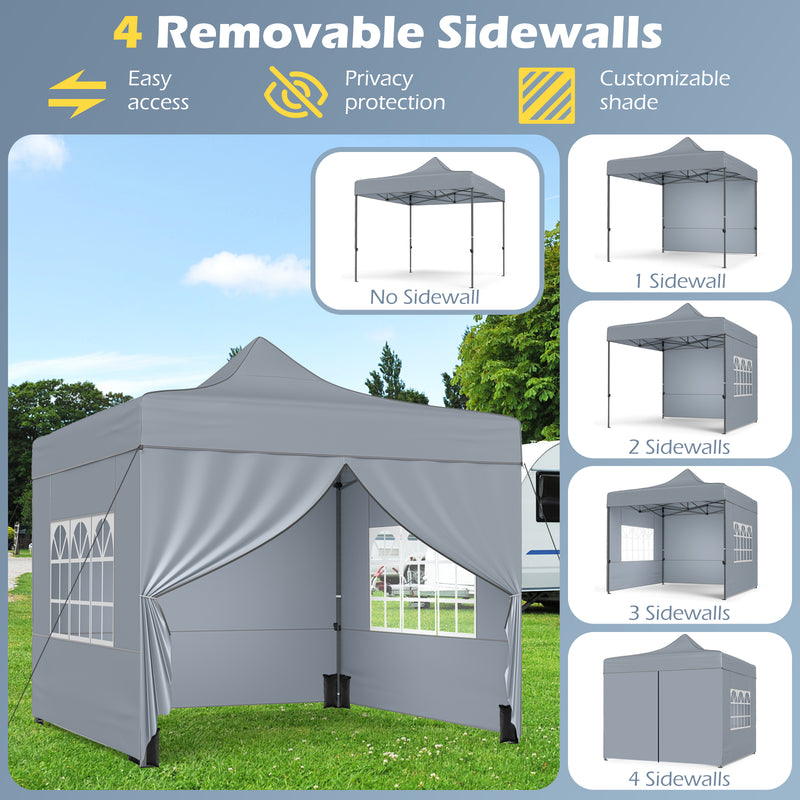 Costway - 10 x 10 FT Pop up Canopy Tent with 4 Removable Sidewalls and Wheeled Bag-Gray