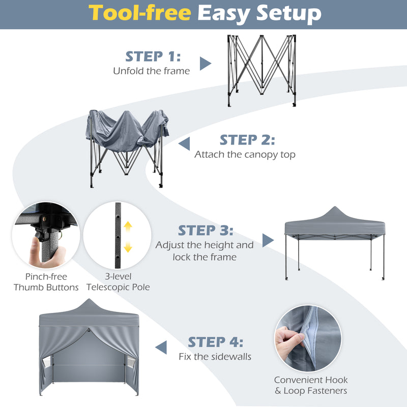 Costway - 10 x 10 FT Pop up Canopy Tent with 4 Removable Sidewalls and Wheeled Bag-Gray