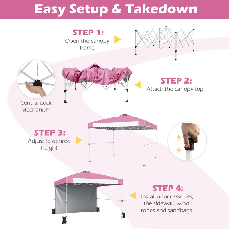 Costway - 10 x 10 Feet Foldable Commercial Pop-up Canopy with Roller Bag and Banner Strip-Pink