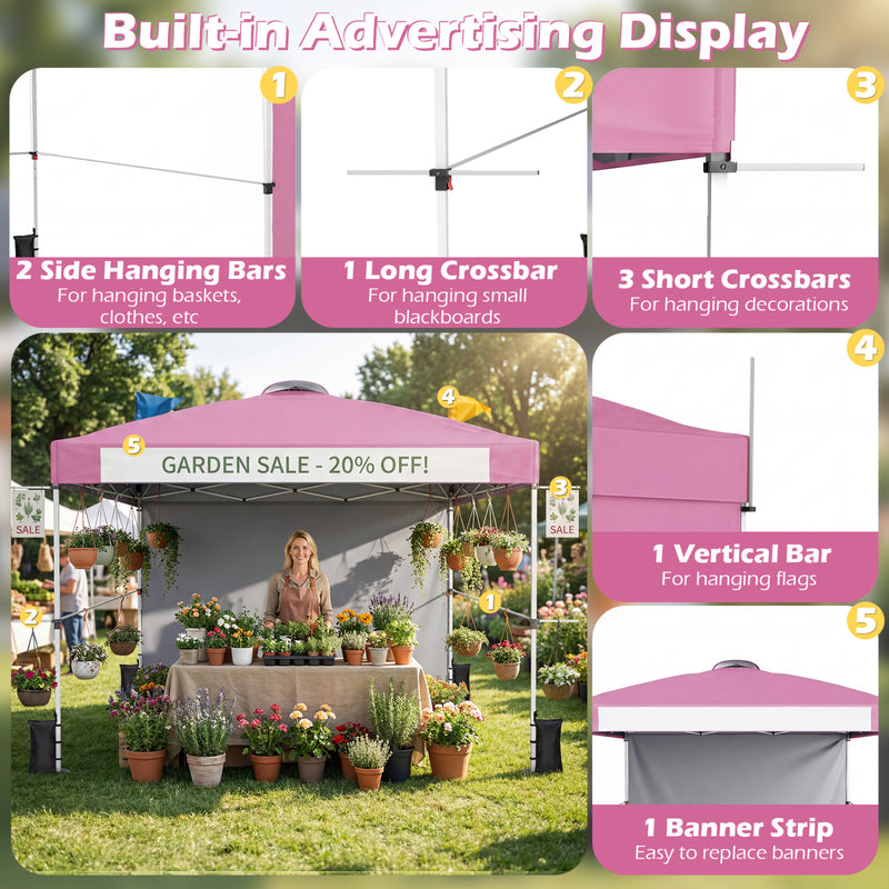 Costway - 10 x 10 Feet Foldable Commercial Pop-up Canopy with Roller Bag and Banner Strip-Pink