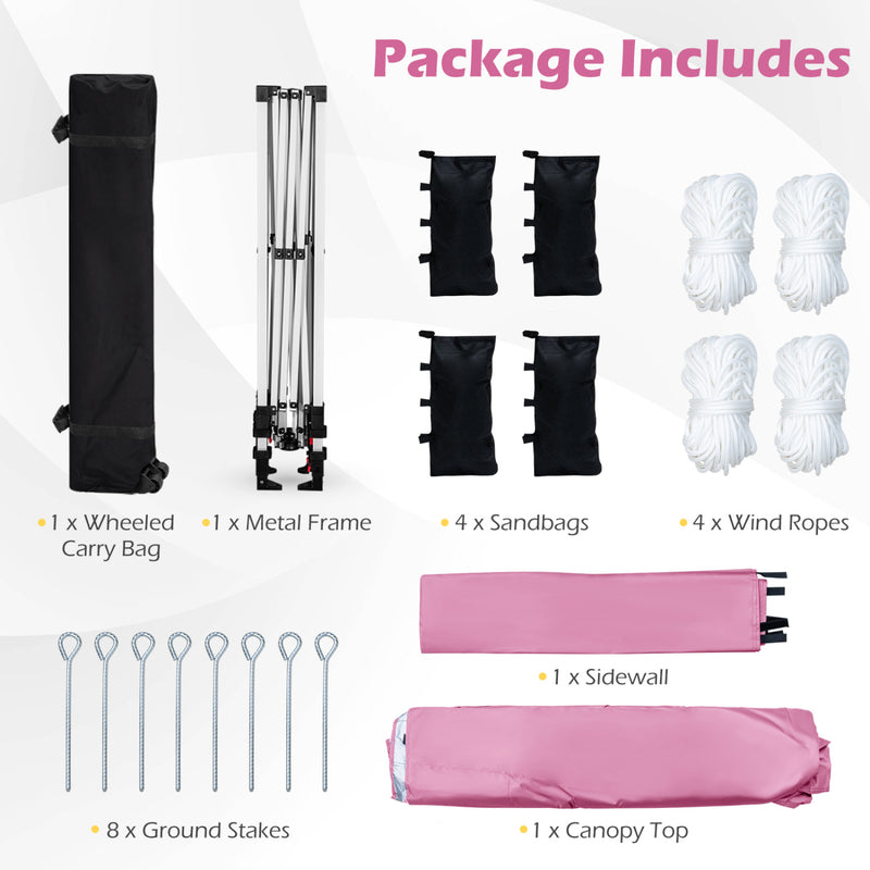 Costway - 10 x 10 Feet Foldable Commercial Pop-up Canopy with Roller Bag and Banner Strip-Pink