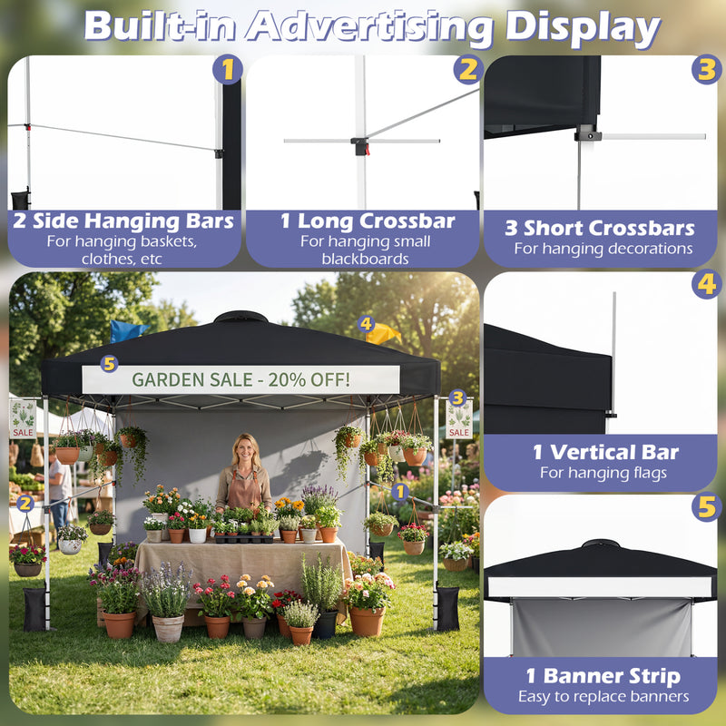 Costway - 10 x 10 Feet Foldable Commercial Pop-up Canopy with Roller Bag and Banner Strip-Black