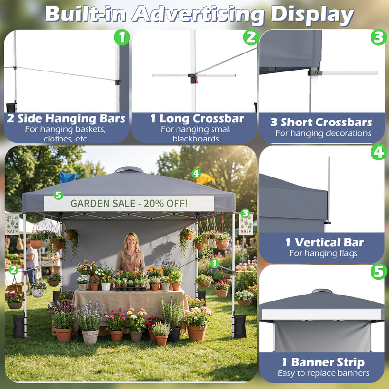 Costway - 10 x 10 Feet Foldable Commercial Pop-up Canopy with Roller Bag and Banner Strip-Gray