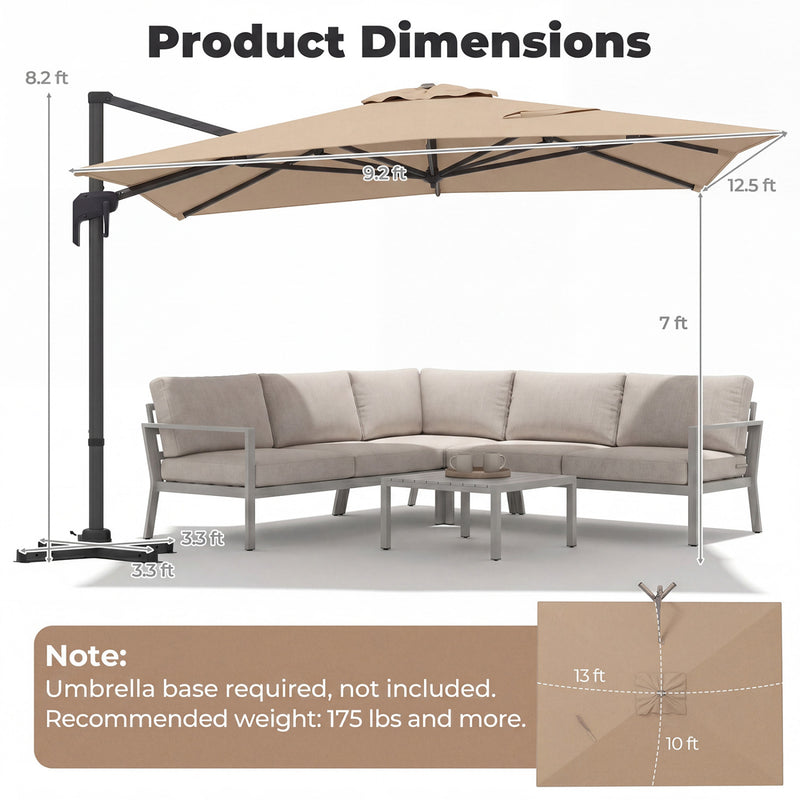 Costway - 10 x 13 FT Cantilever Patio Umbrella with 360-Degree Rotation and 5 Tilt Positions-Brown