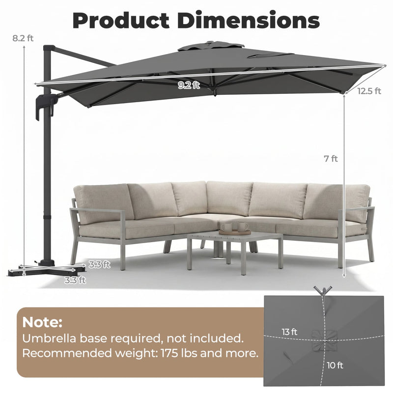 Costway - 10 x 13 FT Cantilever Patio Umbrella with 360-Degree Rotation and 5 Tilt Positions-Gray