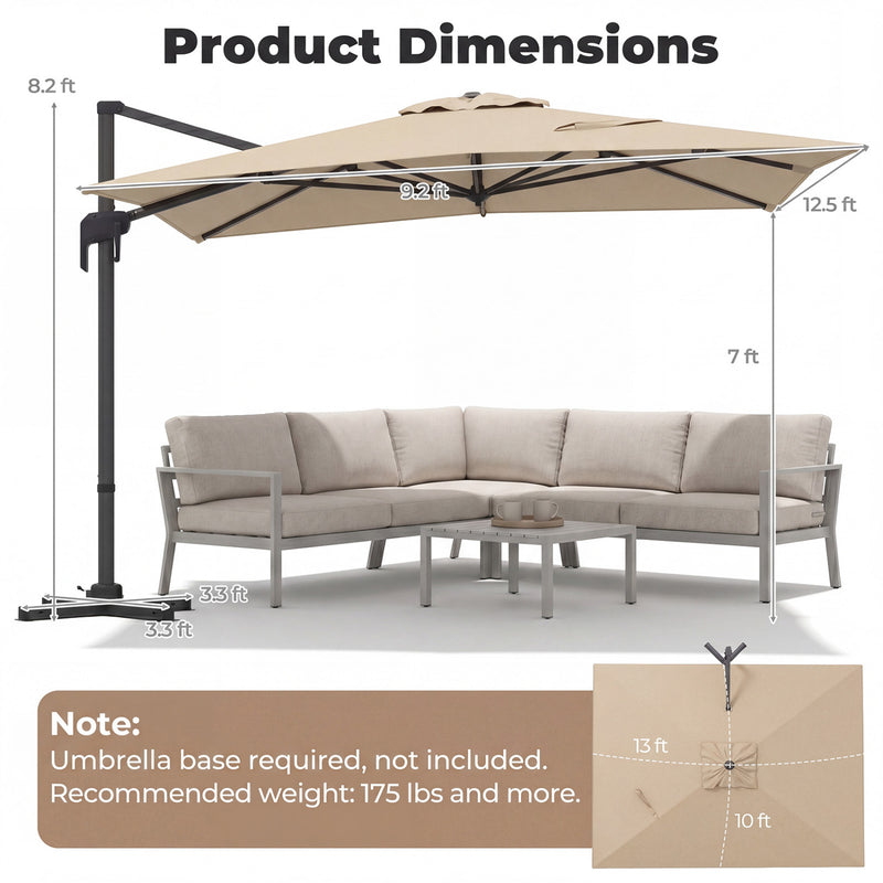Costway - 10 x 13 FT Cantilever Patio Umbrella with 360-Degree Rotation and 5 Tilt Positions-Beige
