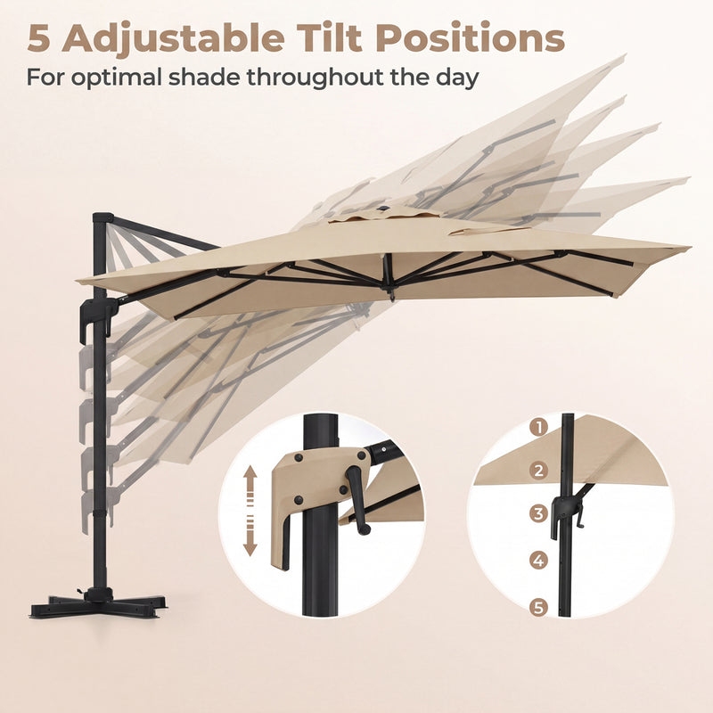 Costway - 10 x 13 FT Cantilever Patio Umbrella with 360-Degree Rotation and 5 Tilt Positions-Beige