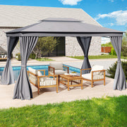 Costway - 10 x 13 Feet Patio Gazebo Double-Roof with Mesh Netting and Privacy Curtains-Gray