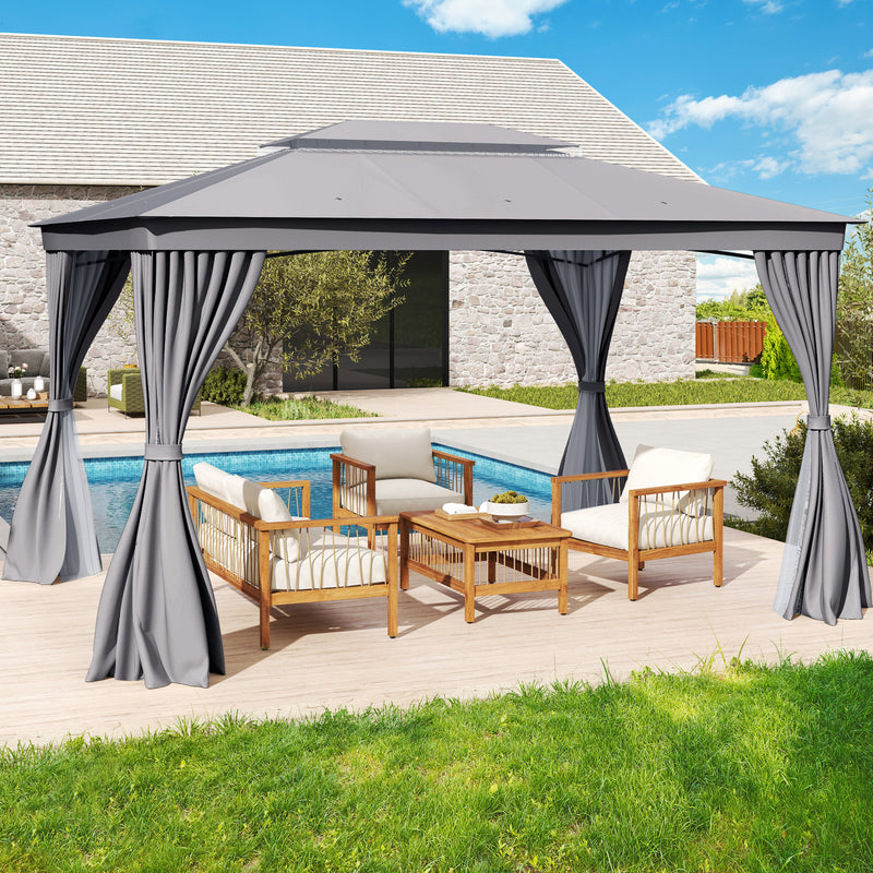 Costway - 10 x 13 Feet Patio Gazebo Double-Roof with Mesh Netting and Privacy Curtains-Gray