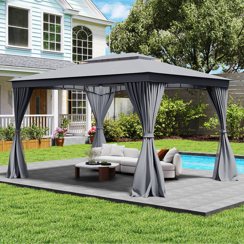 Costway - 10 x 13 Feet Patio Gazebo Double-Roof with Mesh Netting and Privacy Curtains-Gray