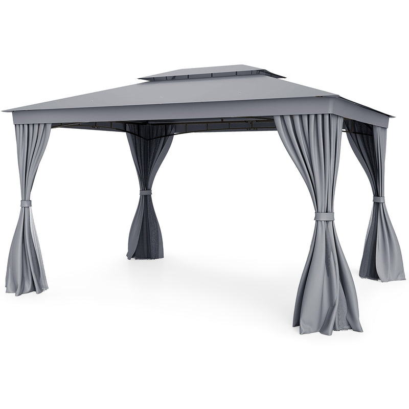 Costway - 10 x 13 Feet Patio Gazebo Double-Roof with Mesh Netting and Privacy Curtains-Gray