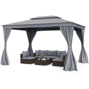 Costway - 10 x 13 Feet Patio Gazebo Double-Roof with Mesh Netting and Privacy Curtains-Gray
