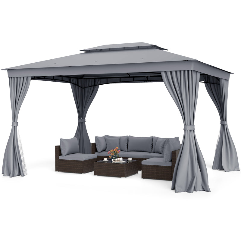 Costway - 10 x 13 Feet Patio Gazebo Double-Roof with Mesh Netting and Privacy Curtains-Gray