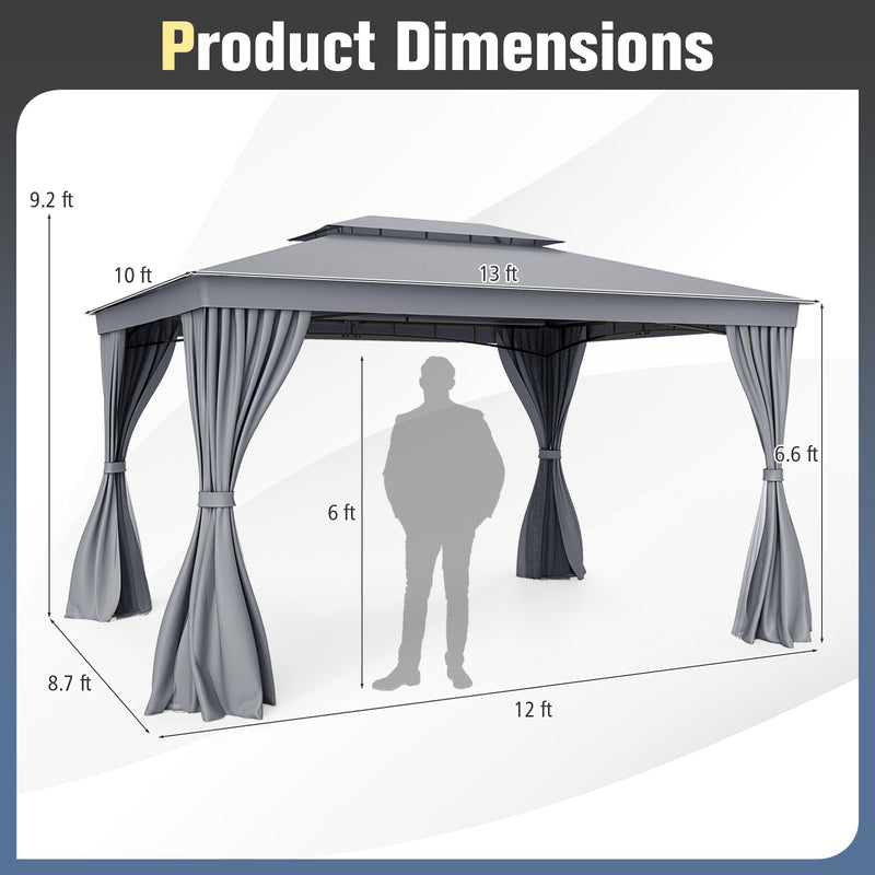 Costway - 10 x 13 Feet Patio Gazebo Double-Roof with Mesh Netting and Privacy Curtains-Gray