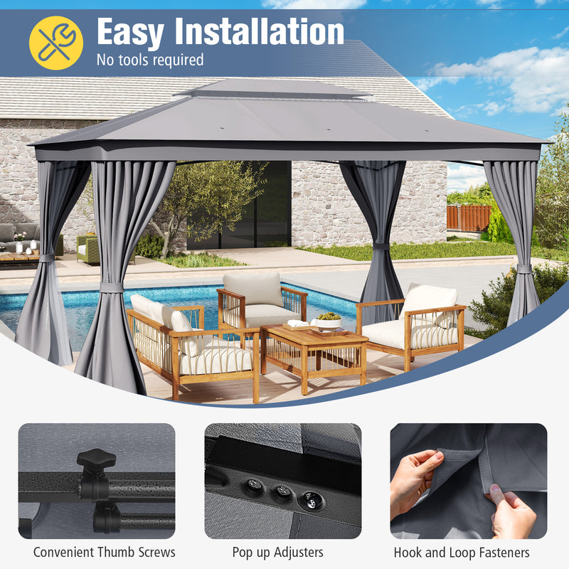 Costway - 10 x 13 Feet Patio Gazebo Double-Roof with Mesh Netting and Privacy Curtains-Gray