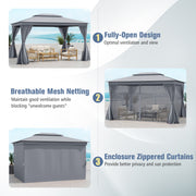 Costway - 10 x 13 Feet Patio Gazebo Double-Roof with Mesh Netting and Privacy Curtains-Gray