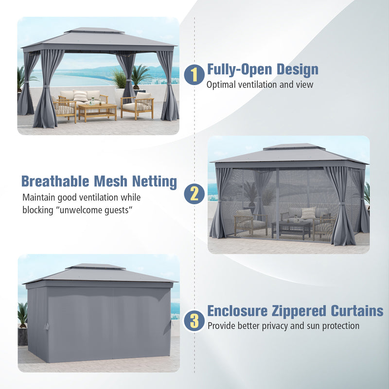 Costway - 10 x 13 Feet Patio Gazebo Double-Roof with Mesh Netting and Privacy Curtains-Gray