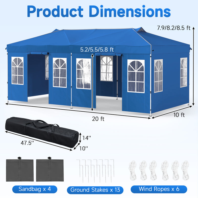 Costway - 10 x 20 FT Pop Up Canopy Tent with 6 Sidewalls and Adjustable Height-Blue