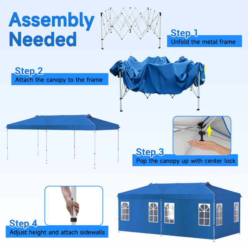 Costway - 10 x 20 FT Pop Up Canopy Tent with 6 Sidewalls and Adjustable Height-Blue