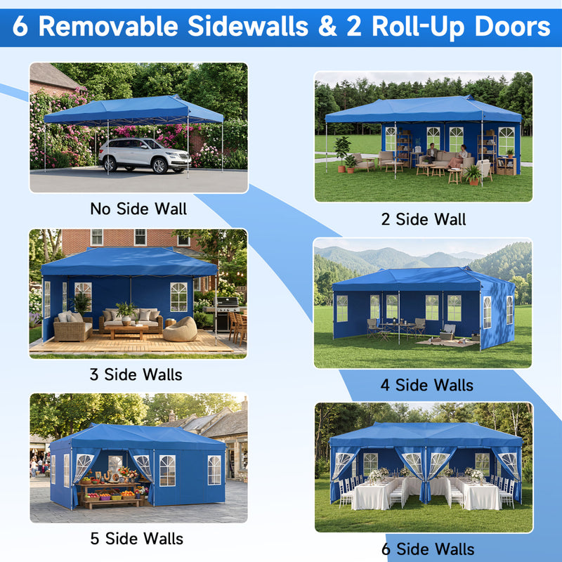 Costway - 10 x 20 FT Pop Up Canopy Tent with 6 Sidewalls and Adjustable Height-Blue