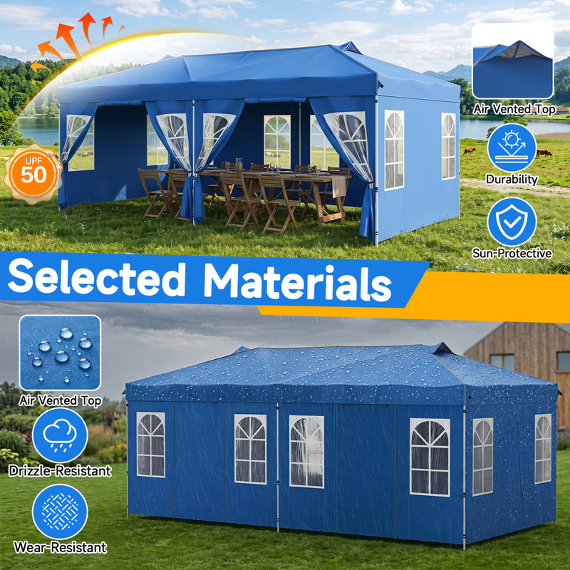 Costway - 10 x 20 FT Pop Up Canopy Tent with 6 Sidewalls and Adjustable Height-Blue