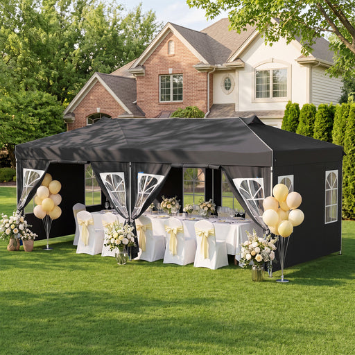 Costway - 10 x 20 FT Pop Up Canopy Tent with 6 Sidewalls and Adjustable Height-Black