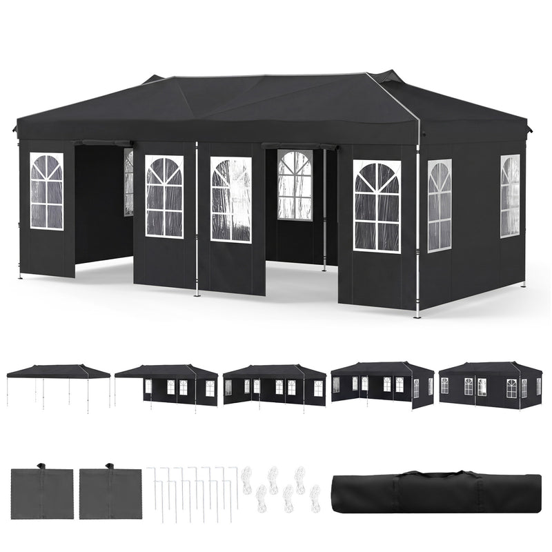 Costway - 10 x 20 FT Pop Up Canopy Tent with 6 Sidewalls and Adjustable Height-Black