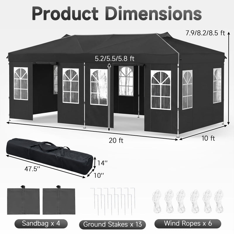 Costway - 10 x 20 FT Pop Up Canopy Tent with 6 Sidewalls and Adjustable Height-Black
