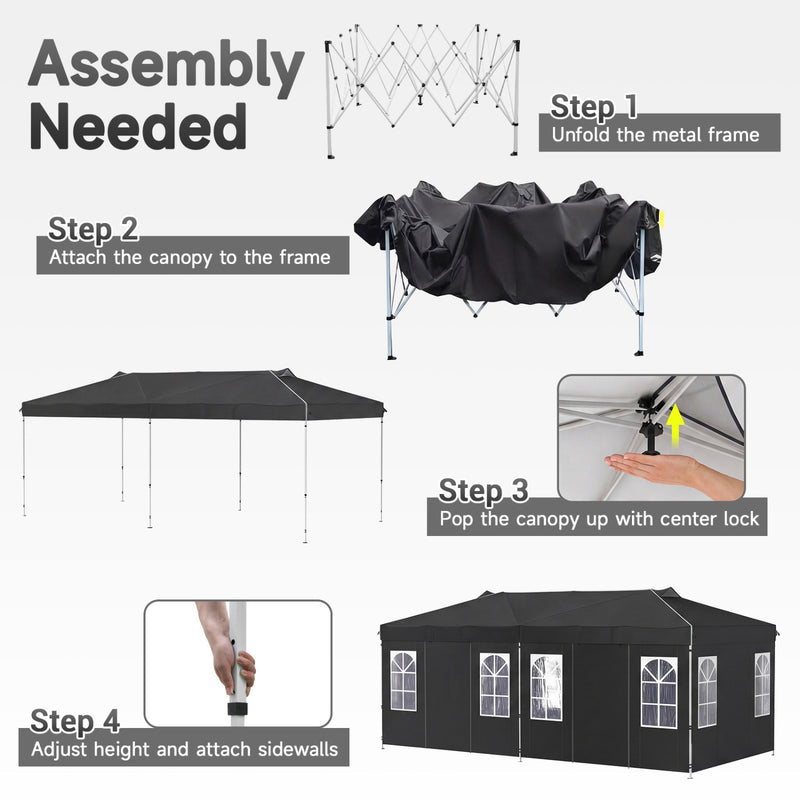 Costway - 10 x 20 FT Pop Up Canopy Tent with 6 Sidewalls and Adjustable Height-Black