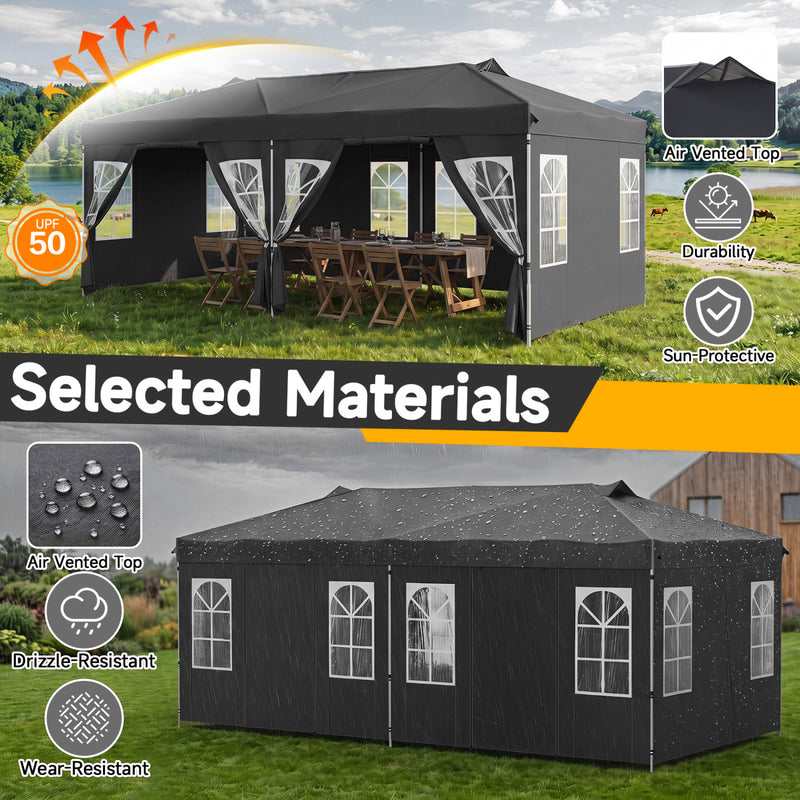 Costway - 10 x 20 FT Pop Up Canopy Tent with 6 Sidewalls and Adjustable Height-Black