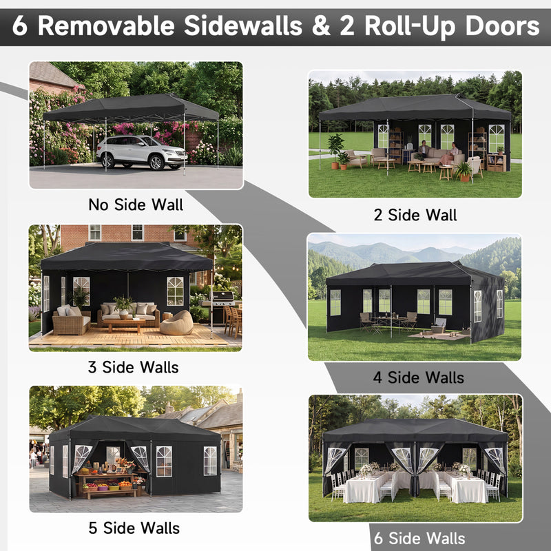 Costway - 10 x 20 FT Pop Up Canopy Tent with 6 Sidewalls and Adjustable Height-Black